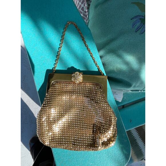 Whiting & Davis Vintage Metal Mesh Mini Bag Clasp Chain Crystal Flower Gold - Picture 1 of 7